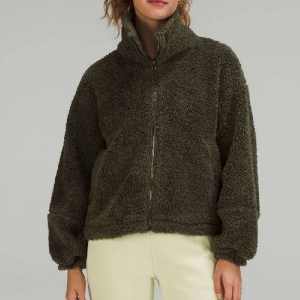 Lululemon Cinchable Fleece Full-Zip Jacket Dark Olive Sz 8  High Neck